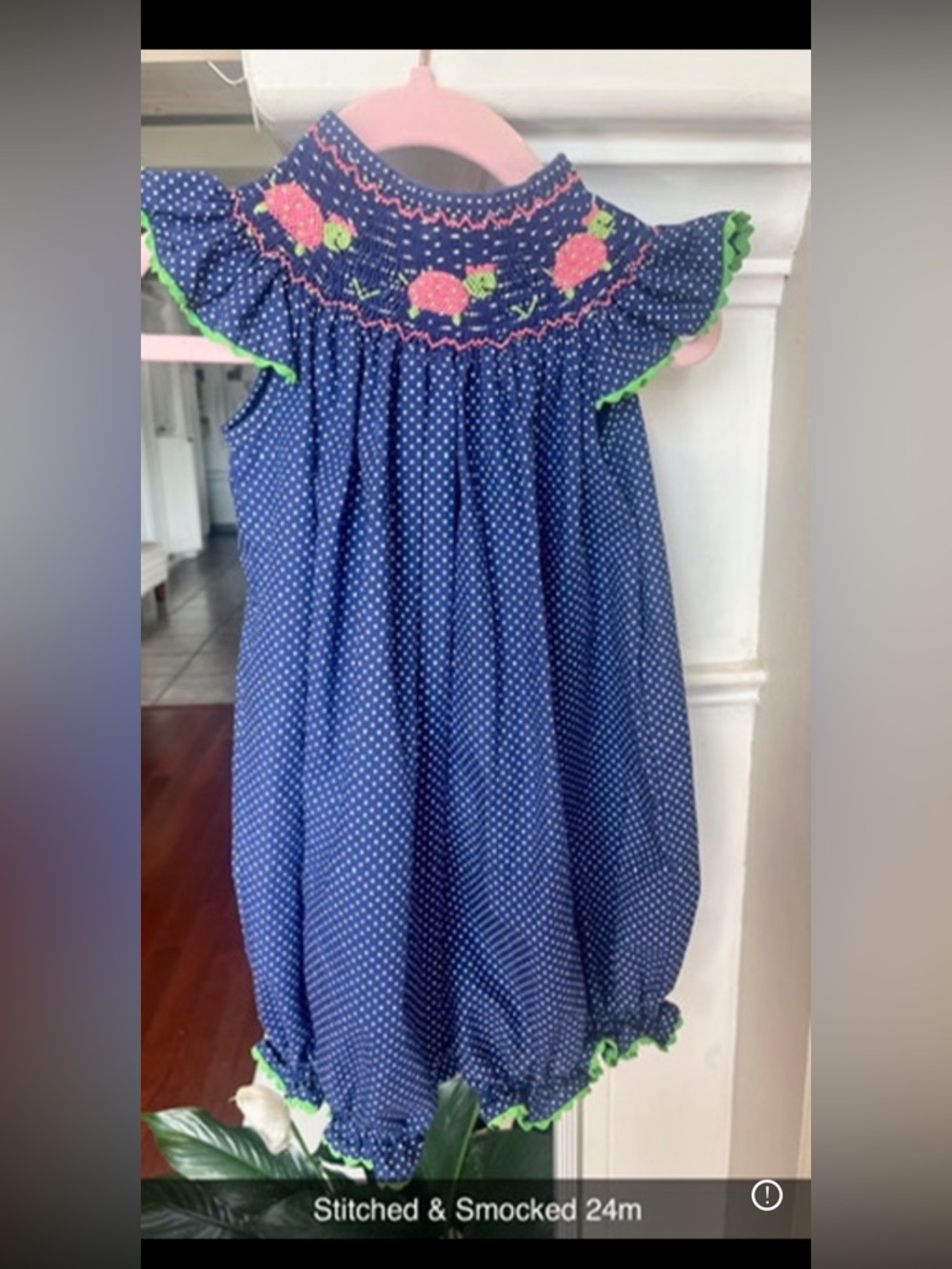 Navy Polka Dot Smocked Bubble Dress with Pink Floral Embroidery